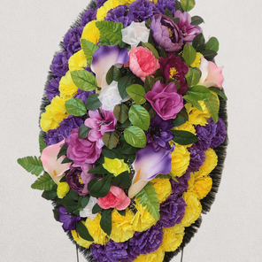 Ритуальный венок на похороны фиолетово-желтый 110 см